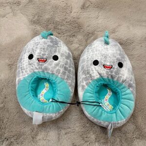 Squishmallows Cute Gray and Teal Dinosaur Plush Slippers Kids Size 2 - 3